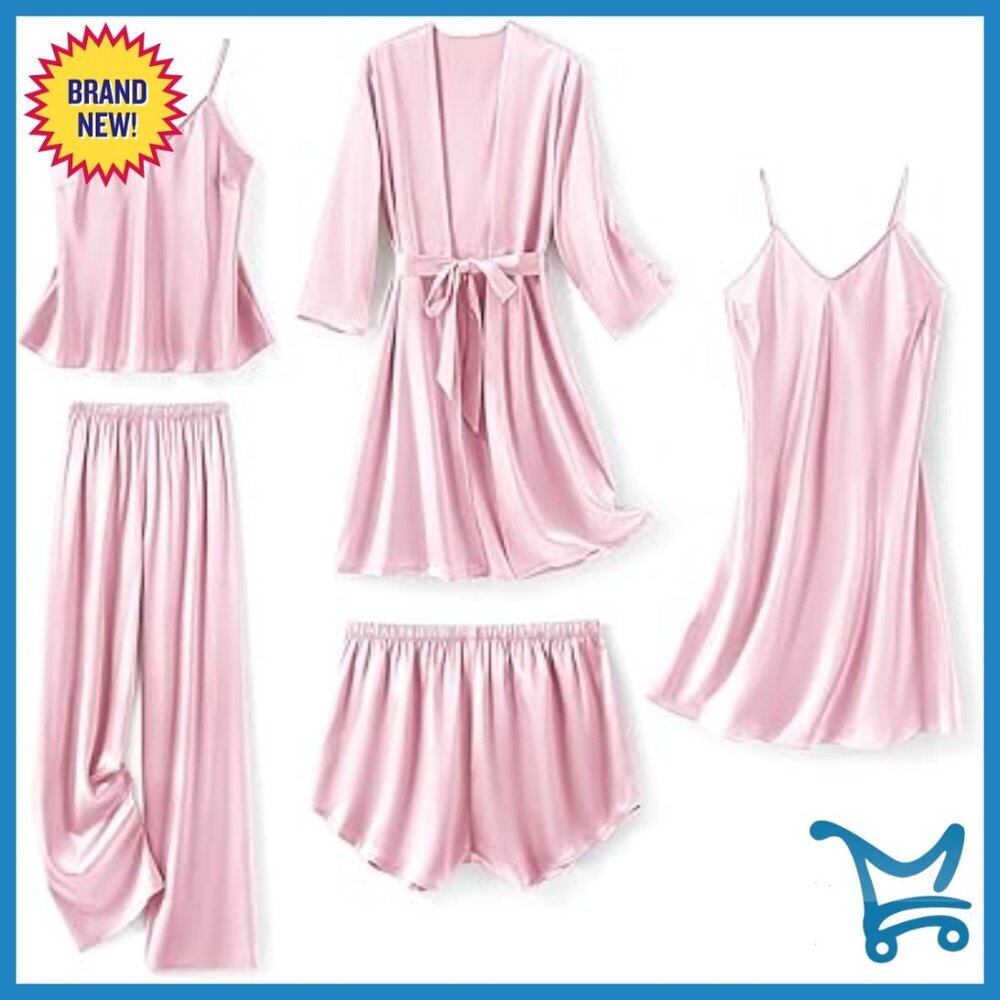 Silk Satin Pajama Set 5-Piece Sleepwear Loungewear Robe Cami Shorts
